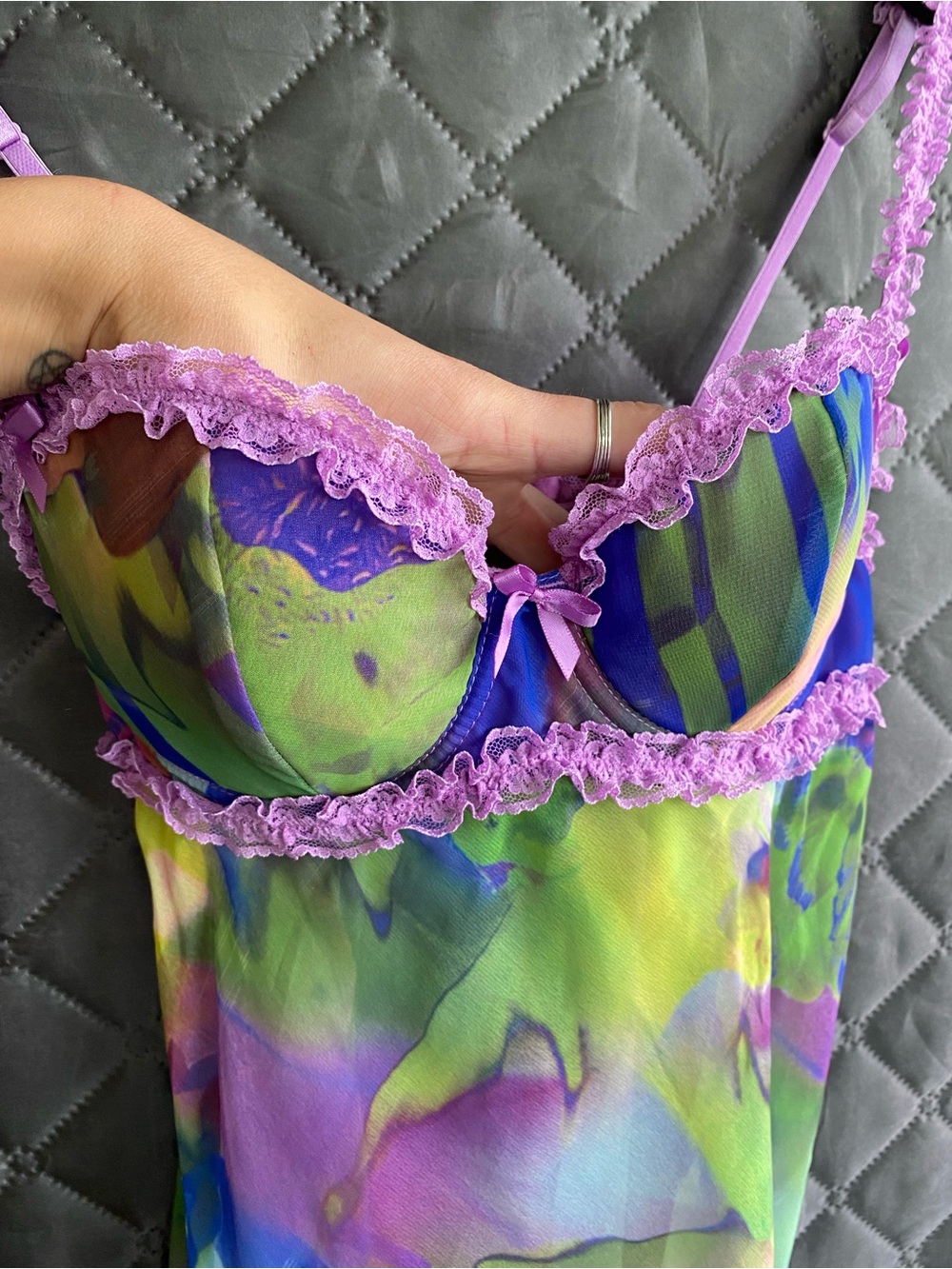 Vintage Y2K La Senza Abstract Watercolor Mesh Babydoll Slip Dress - Picture 2 of 4
